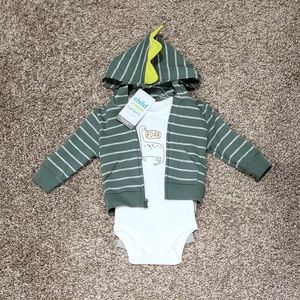 3pc Dino ROAR Striped Full Zip Hoodie Jacket + Onesie + Pants Set, Baby Newborn